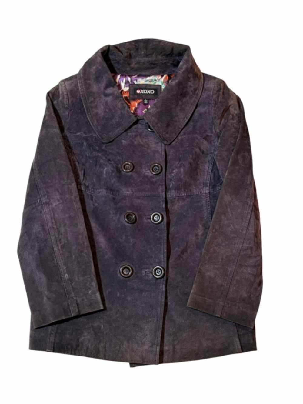 XOXO Purple Suede Leather Jacket Double Breasted Floral Lined Y2K